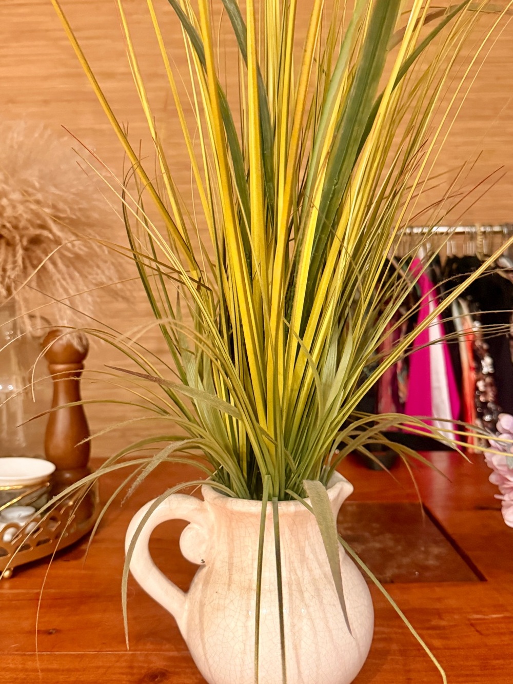 Yellow-Green Faux Grass Arrangement in Cream Ceramic Pitcher